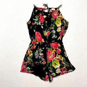 Pink Lily Romper Spaghetti Straps Black w/ Tropical Flowers Size Medium
